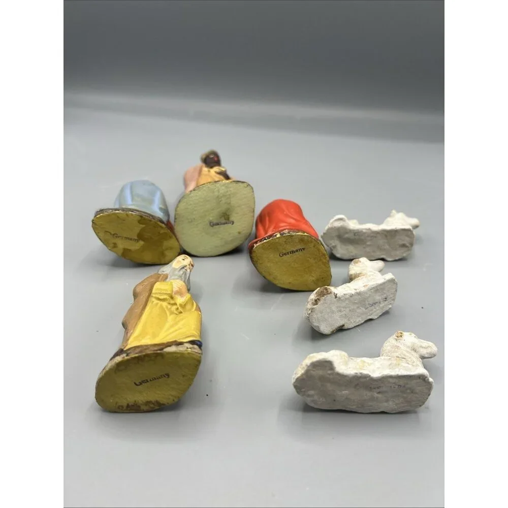 Vtg German Papier-Mâché Nativity 7 Pieces Christmas Lambs Magi Mary Old w/ Wear
